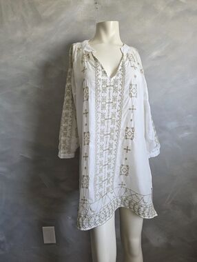 Blue Saks Fifth Avenue Cotton White Taupe Embroidered Tunic Top Sz XL